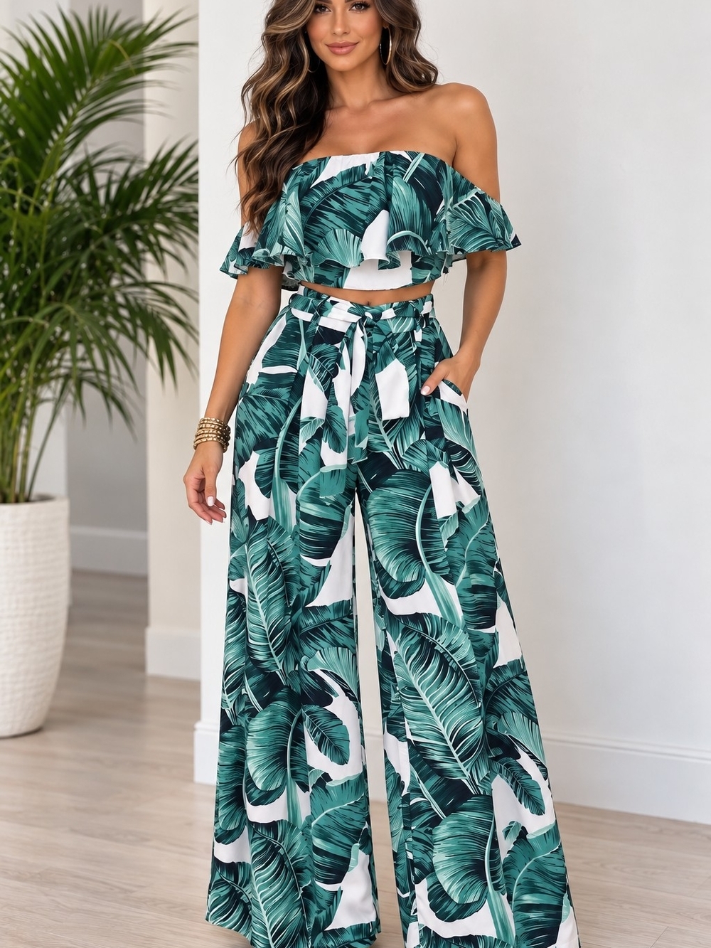 NWOT Tropical Leaf Off-Shoulder Jumpsuit Pants Set - Green